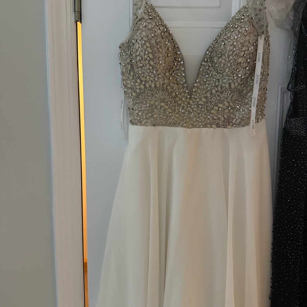 Jovani Silver and Cream Mini Dress